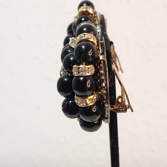 Vintage 1980s, Clip Earrings, Black Beads with Gold Toned and Crystal Accents. - Picture 2 of 4